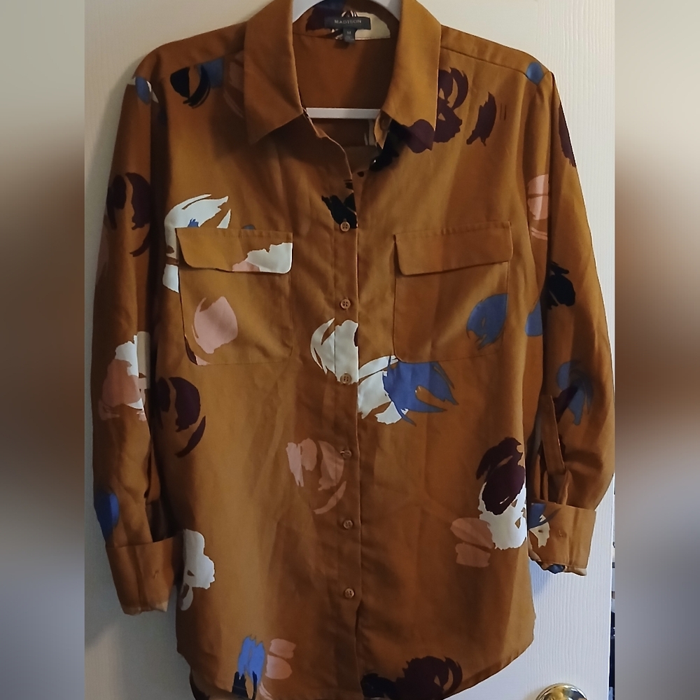Madison Mustard Floral Print Button-Up Blouse with Blue, White & Pink Accents